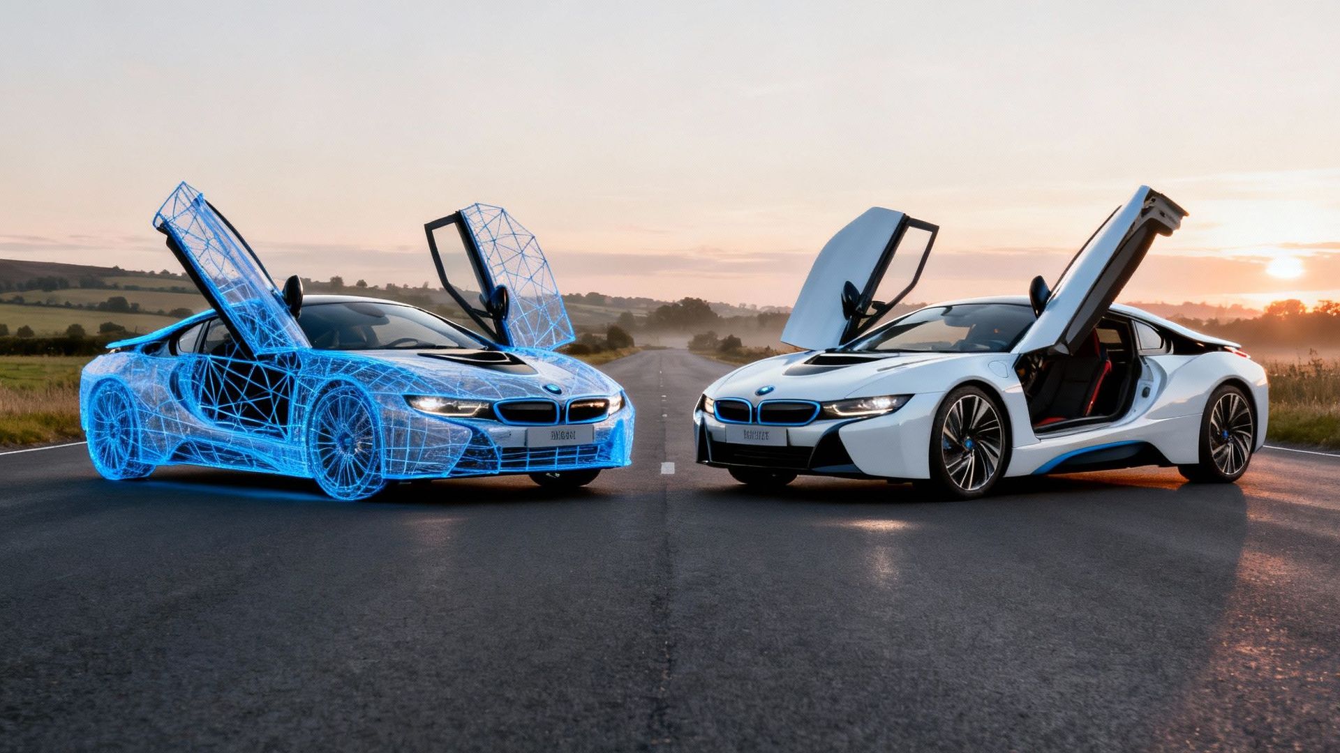 Two BMW i8 cars: one real, white; one digital, blue outline, with doors open on a road at dawn.
