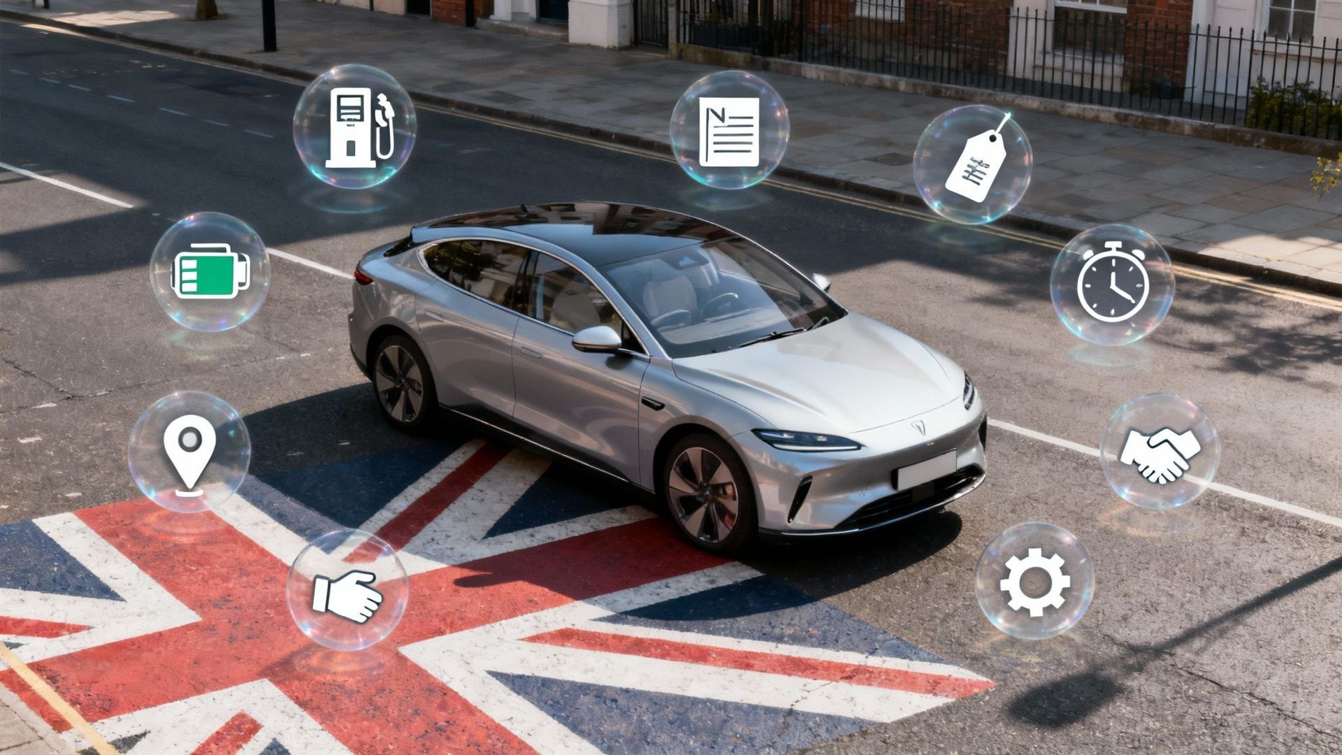 Silver electric car with icons overlaid, parked on a street with a Union Jack painted on it.