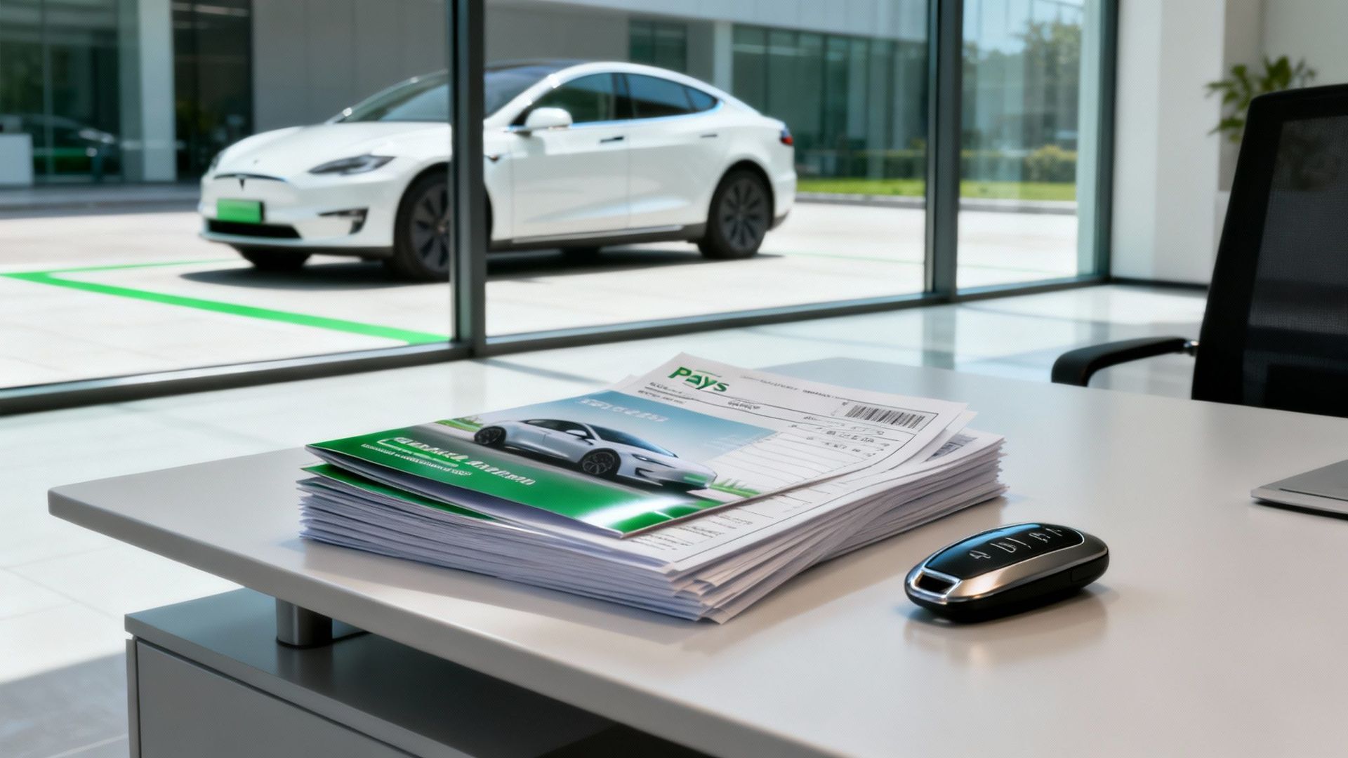 White electric car parked outside office window, brochures and car key on desk.