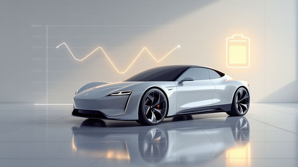 Sleek white electric sports car with battery charge graph and icon in a bright studio.