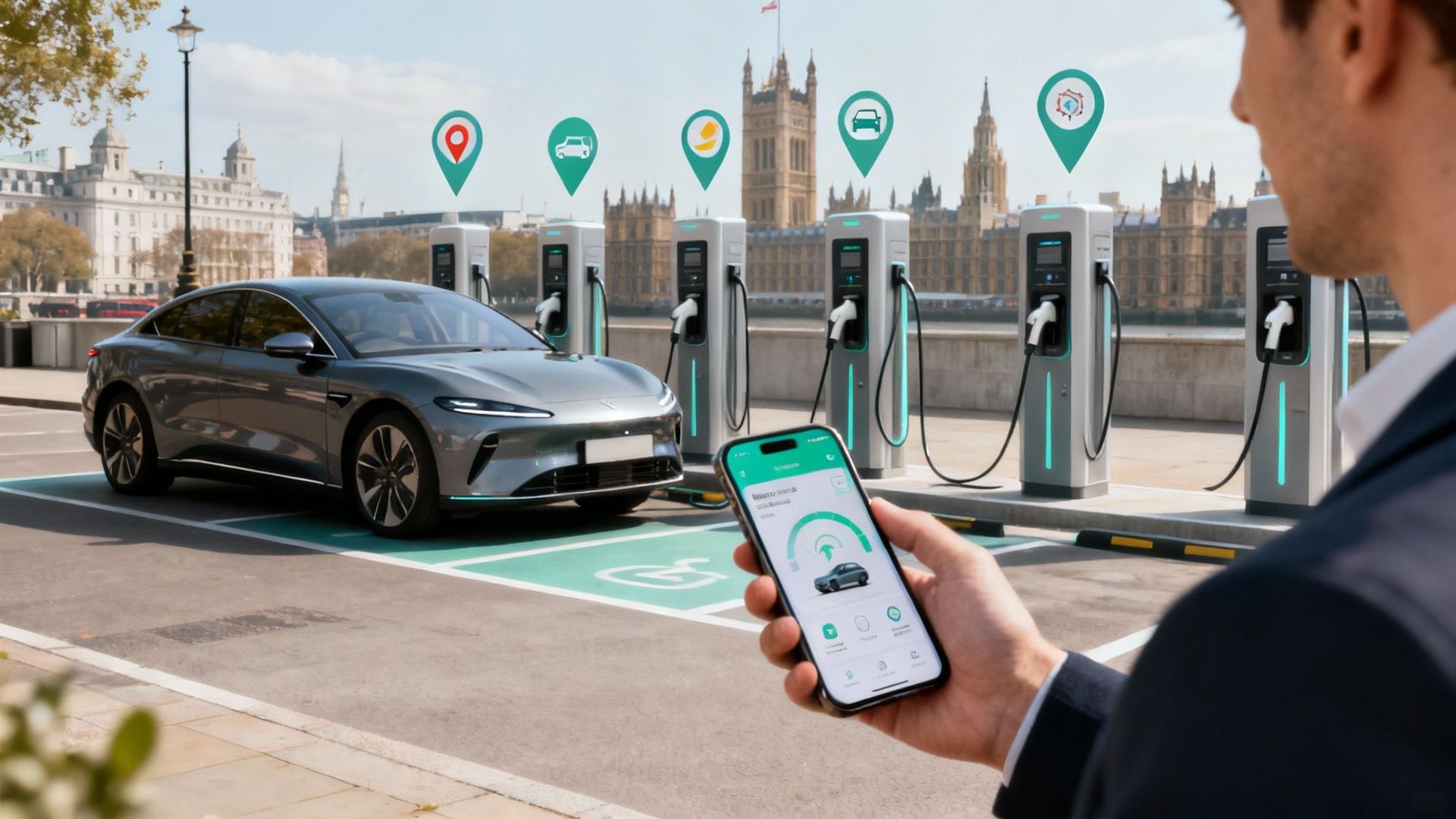 Man using phone app to charge EV near London landmarks. Charging stations in foreground.