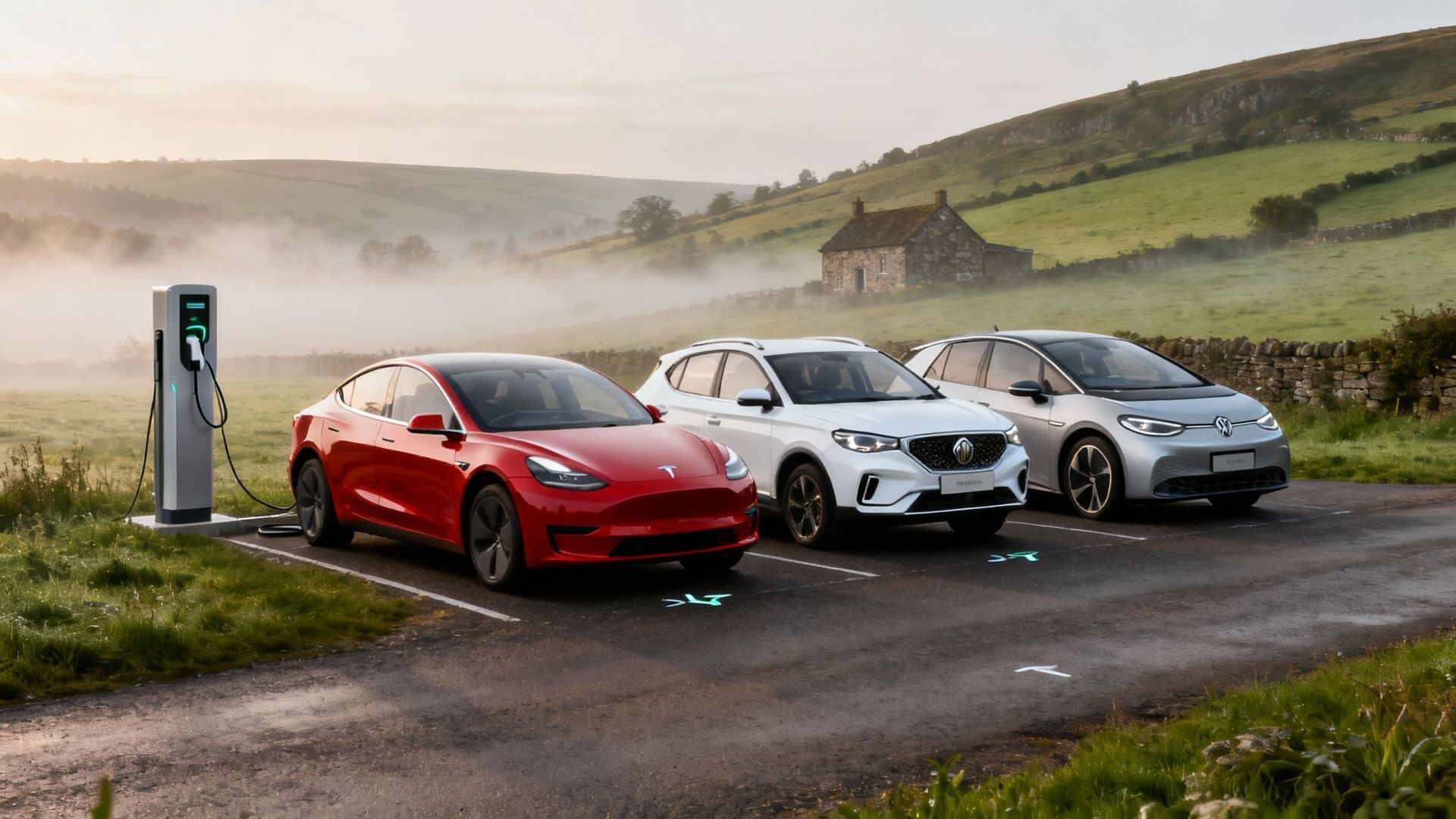 Three electric cars charging at a station, red Tesla, white SUV, gray car, in a misty rural setting.