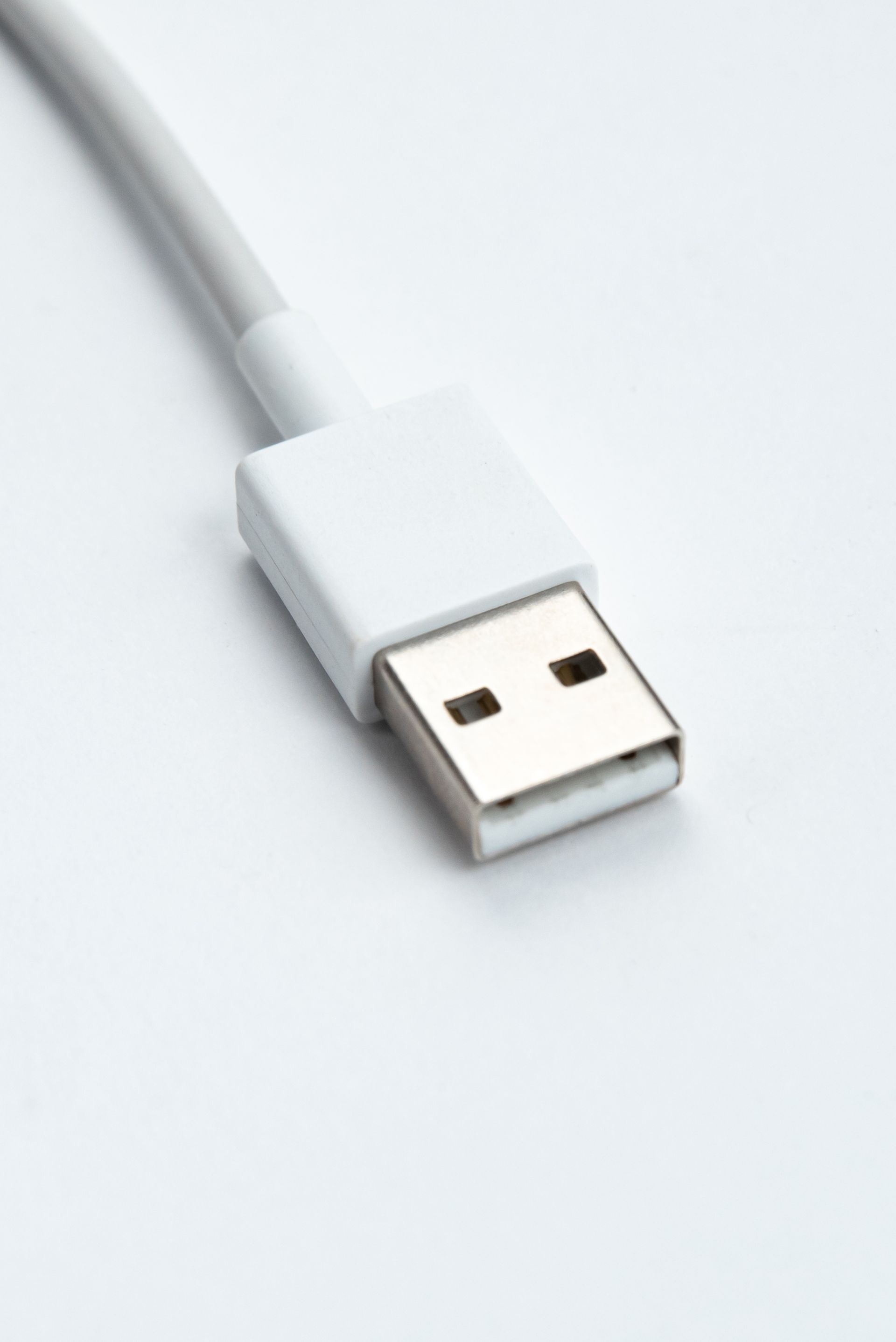 White USB-A connector attached to a gray cable, angled on a white surface.