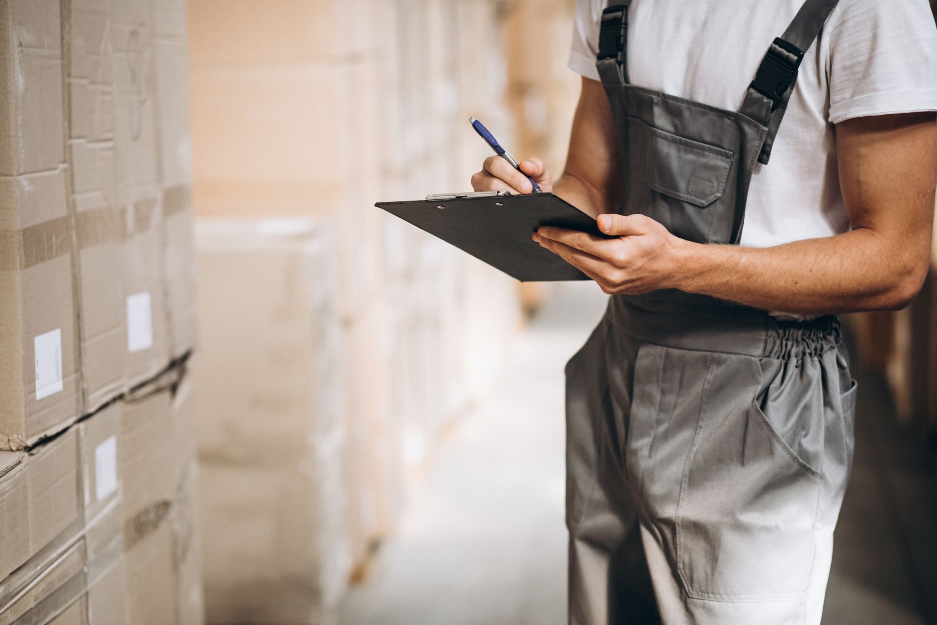 Warehouse worker in gray overalls taking inventory on a clipboard, boxes stacked in background.