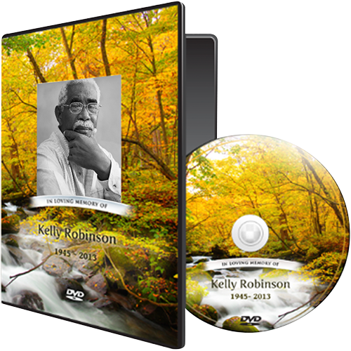 DVD case and disc featuring a memorial photo of Kelly Robinson with an autumn creek backdrop.
