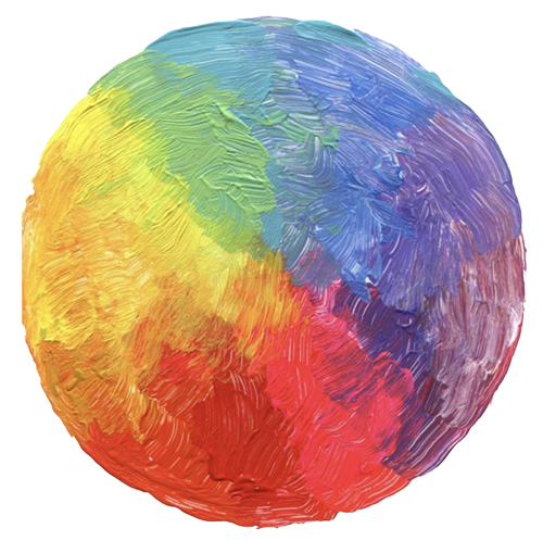 Colorful sphere painted with segments of the rainbow spectrum.
