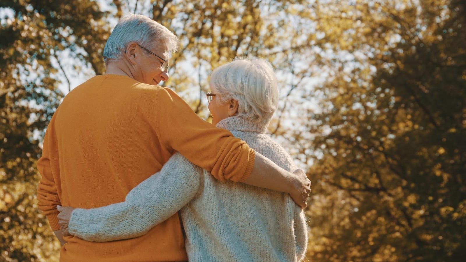 Older couple embracing outdoors; man's arm around woman's shoulders, backs to camera, soft sunlight.
