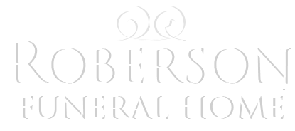 Roberson Funeral Home logo in white on a transparent background. Features ornate top design and text.