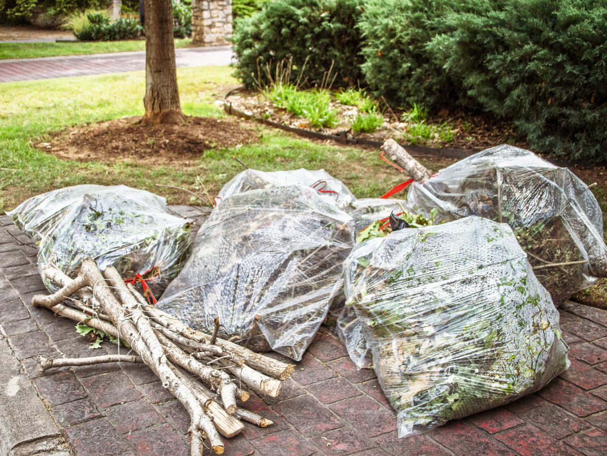 Yard waste bags and sticks on a brick patio near a tree and bushes.