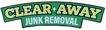 Logo for Clear Away Junk Removal, green and yellow text, green background.