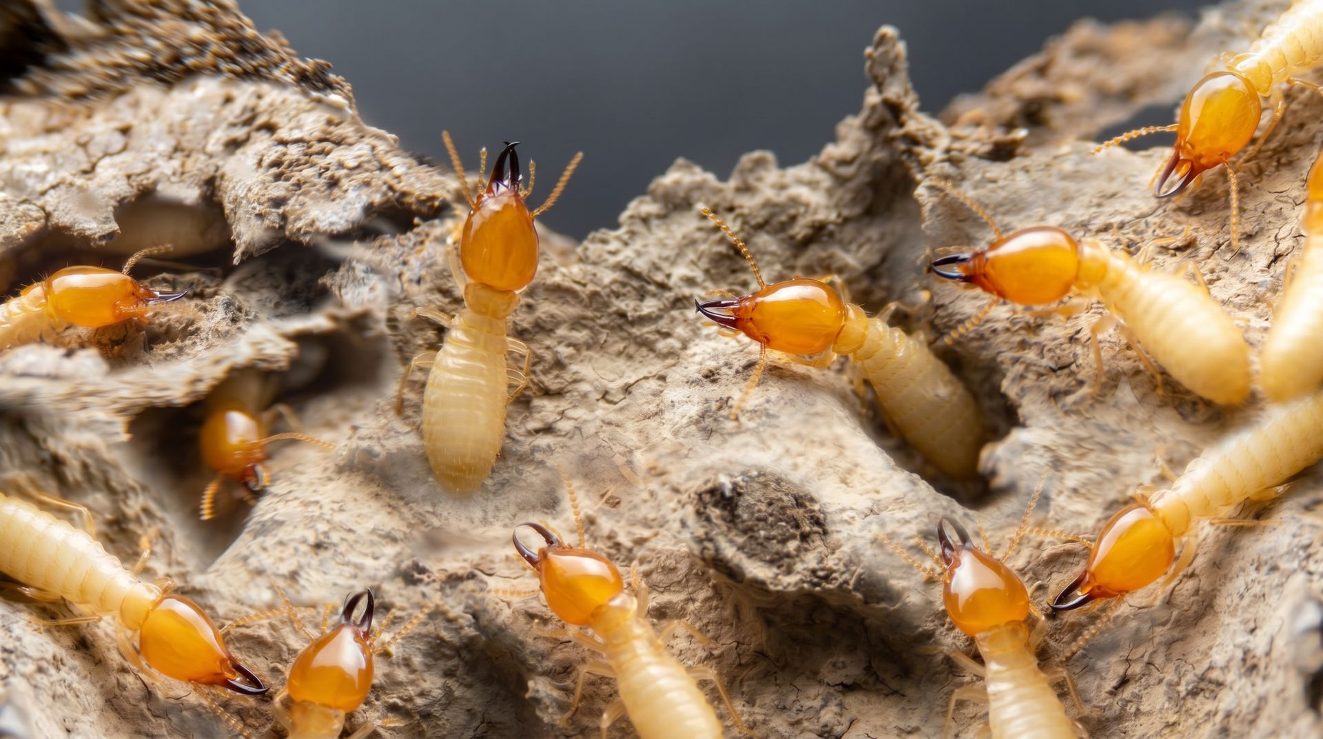 Two termites are crawling on a piece of wood.