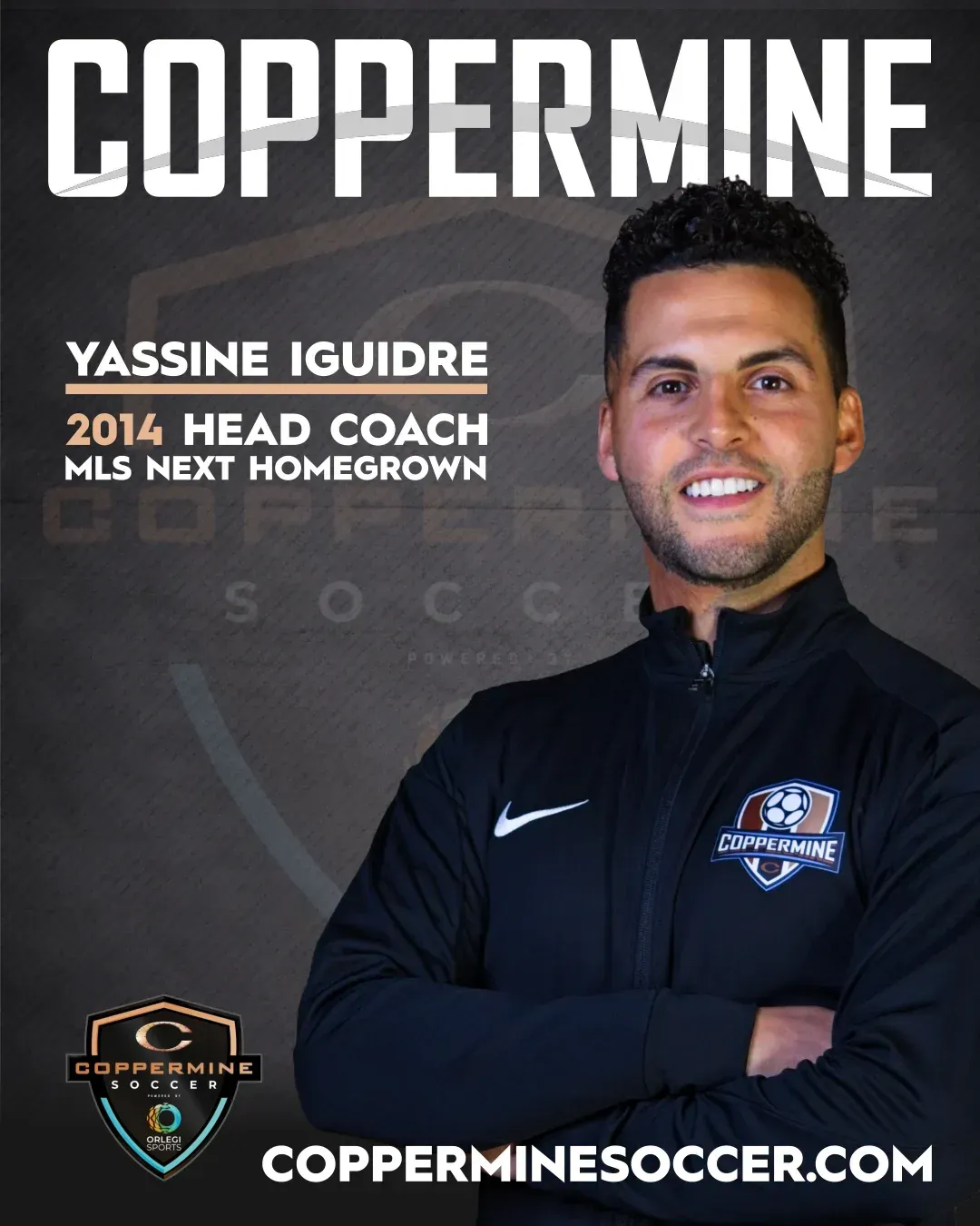 Coach Yassine Iguidre wearing a Coppermine Soccer jacket, with branding, contact info, and role details on a dark background.