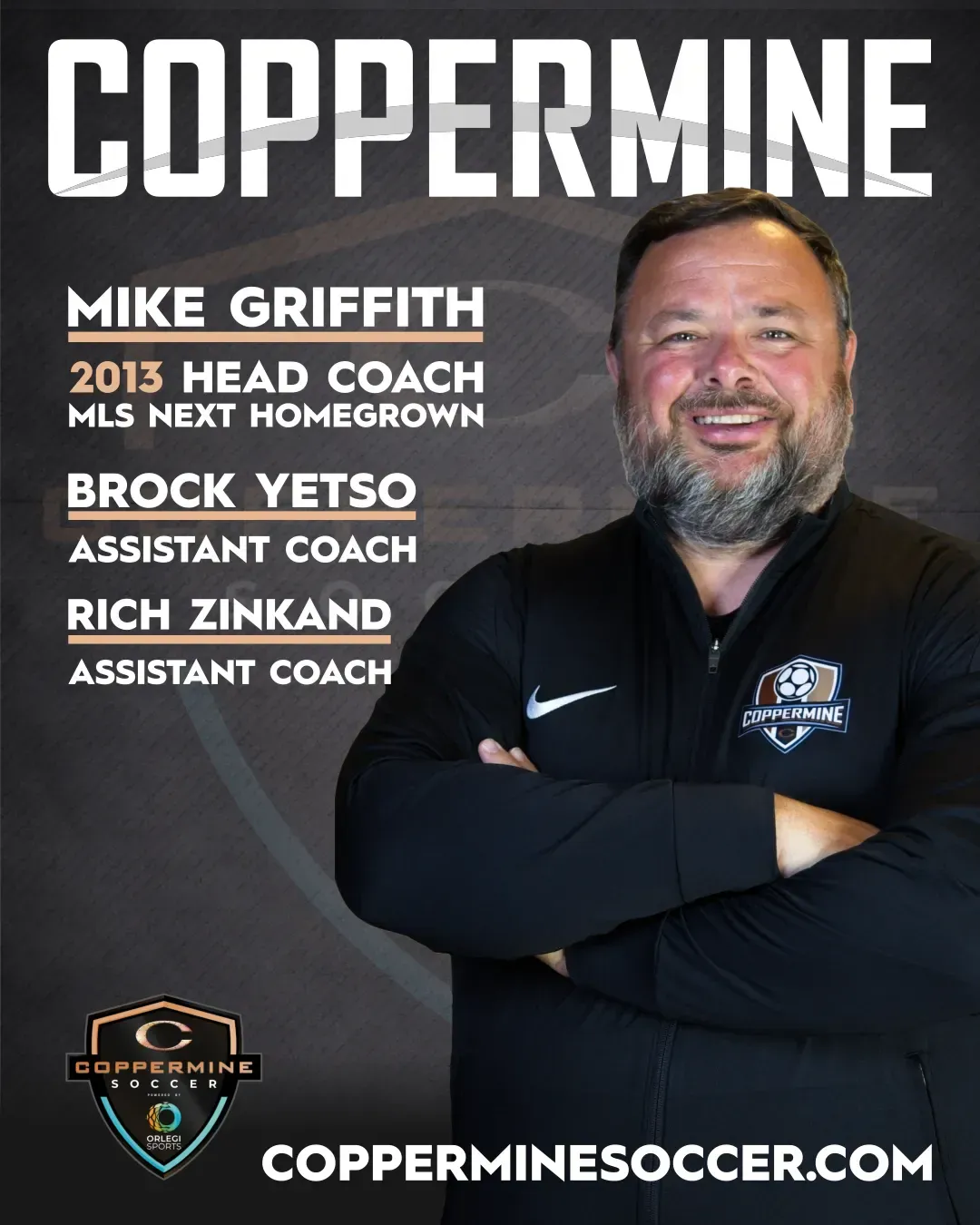 Coppermine Soccer flyer featuring coach Mike Griffith, staff names, and website info against a dark branded background.