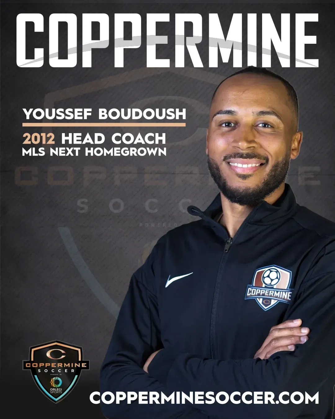 Head coach Youssef Boudoush smiles with arms crossed in a Coppermine Soccer branded athletic top against a dark backdrop.