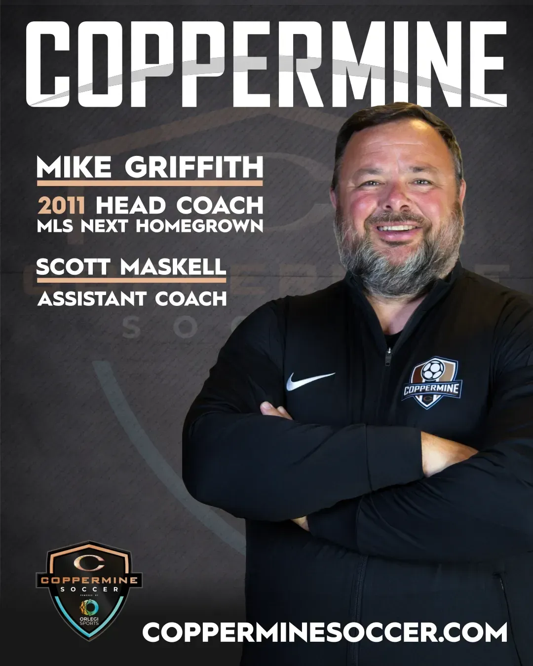 A promotional flyer for Coppermine Soccer featuring coach Mike Griffith and assistant Scott Maskell.