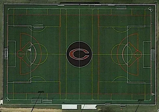 Coppermine 4 Season aerial view of their outdoor turf field.