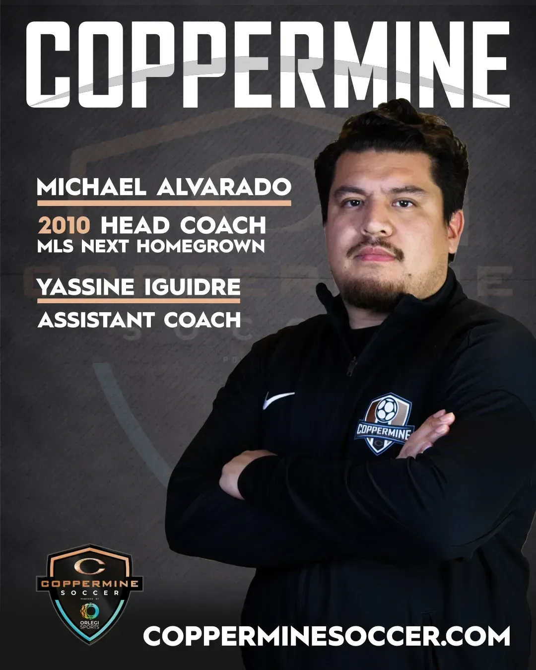 A professional promotional graphic for Coppermine Soccer featuring coach Michael Alvarado and assistant Yassine Iguidre.