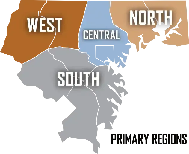 A map divided into four colored regions labeled West, Central, North, and South, titled Primary Regions.