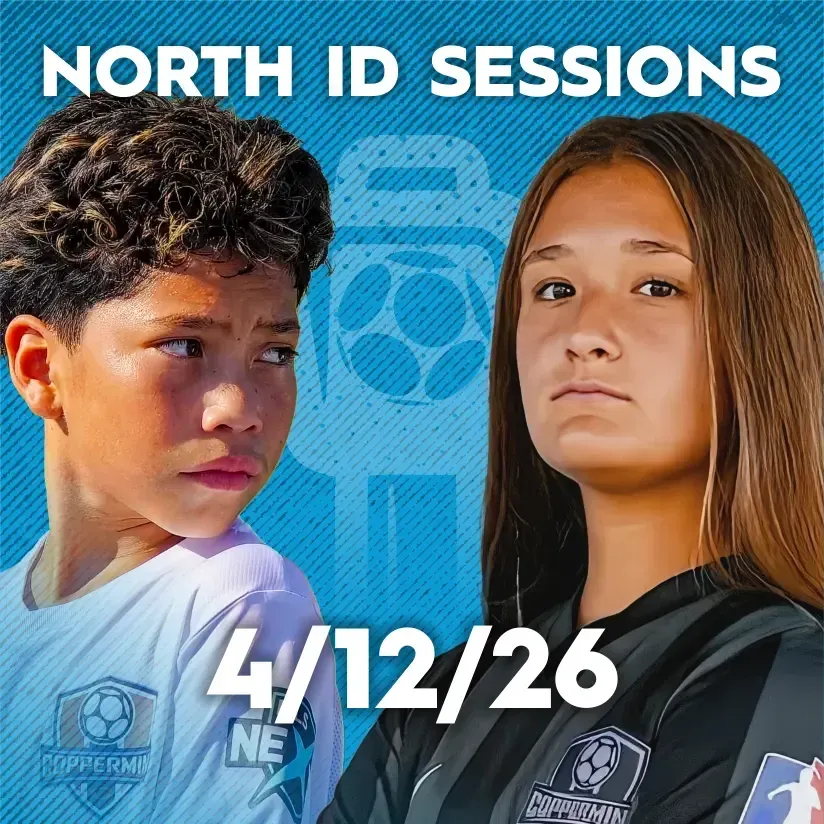 Event flyer for North ID Sessions on 4/12/26 featuring two soccer players in athletic jerseys against a blue background.