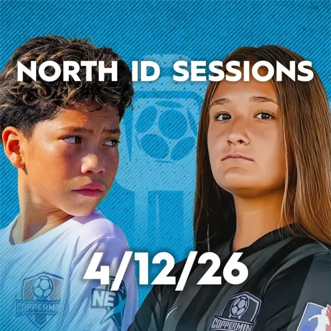 Promotional graphic for North ID Sessions on 4/12/26 featuring two soccer players in team jerseys against a blue background.