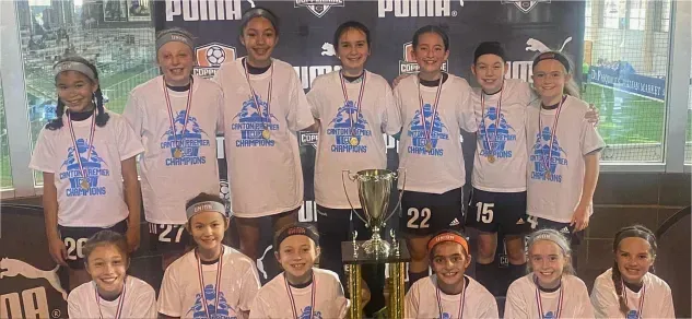 A group of young girls are posing for a picture in front of a puma sign.