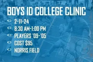 a blue poster advertising a boys id college clinic for coppermine Soccer Club