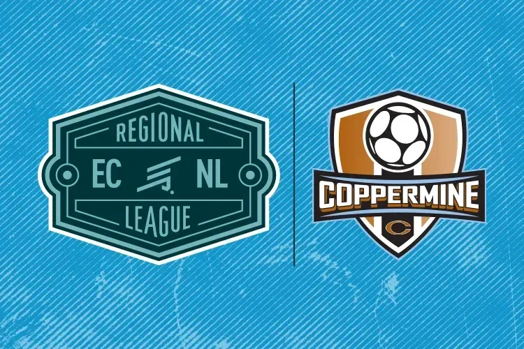 The logos for the regional league and Coppermine Soccer Club are on a blue background.