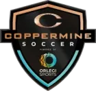 A shield-shaped Coppermine Soccer logo in black, copper, and teal, featuring the Orlegi Sports branding at the bottom.