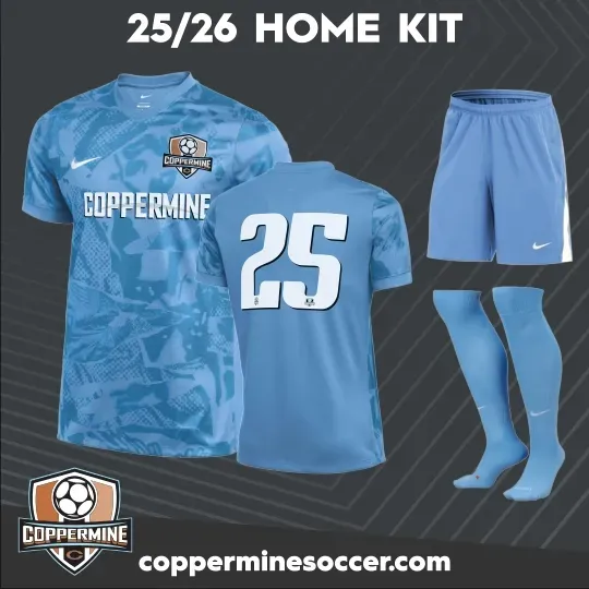 Coppermine Soccer Club's blue Nike home jersey for 25-26 season