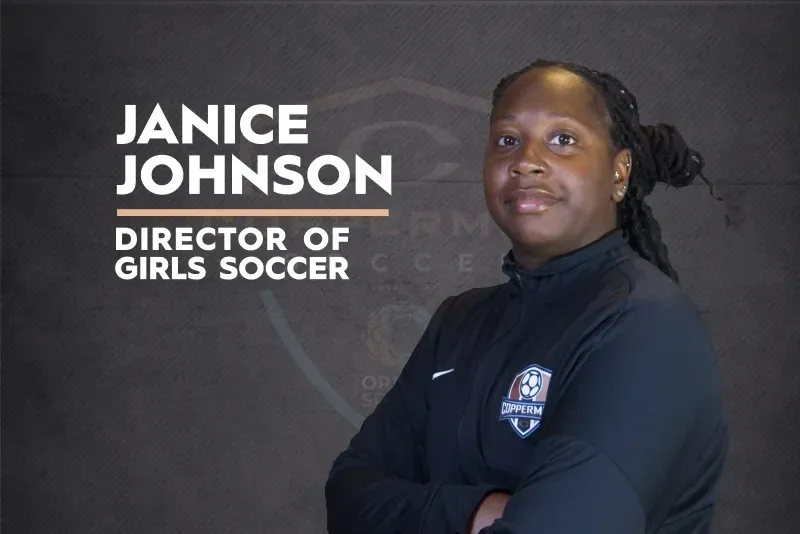 Coppermine Soccer staff portrait of Director of Girls Soccer, Janice Johnson, against a dark, branded background.