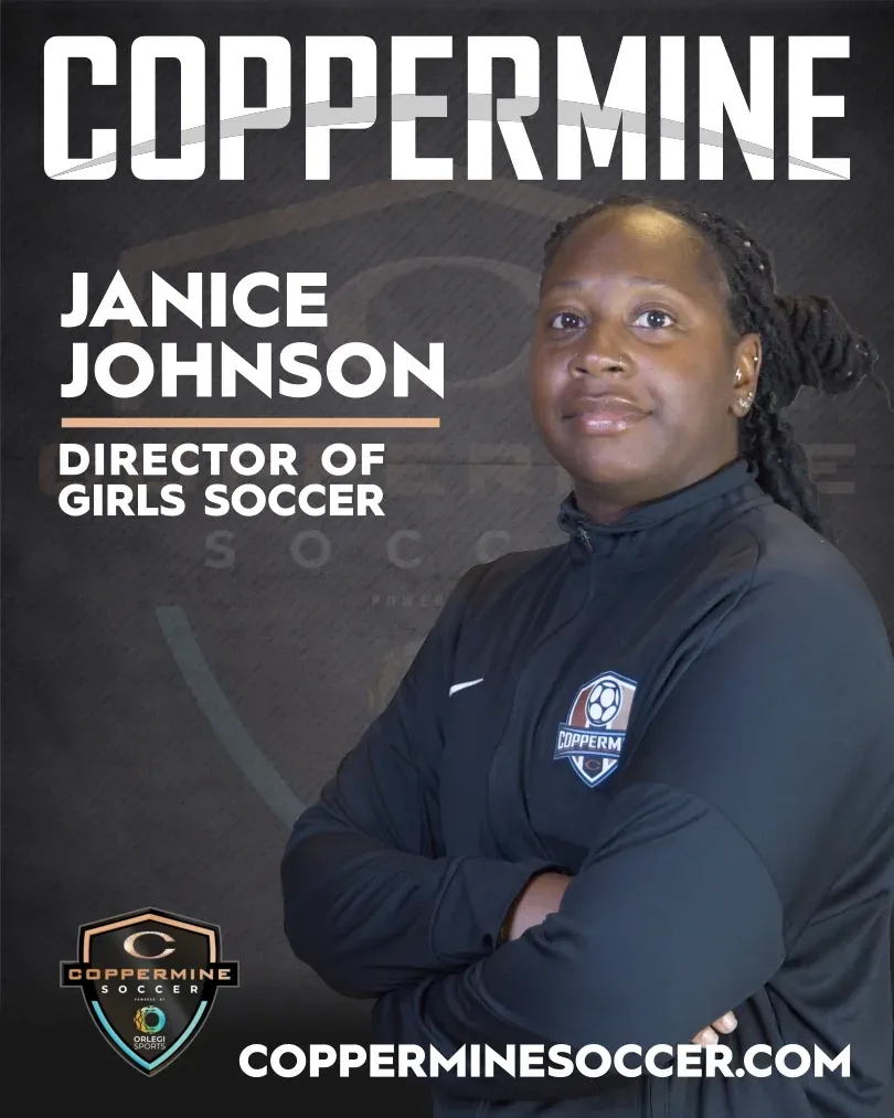 Coppermine Girls Soccer Director Janice Johnson in a black branded jacket, arms crossed, with website info below.