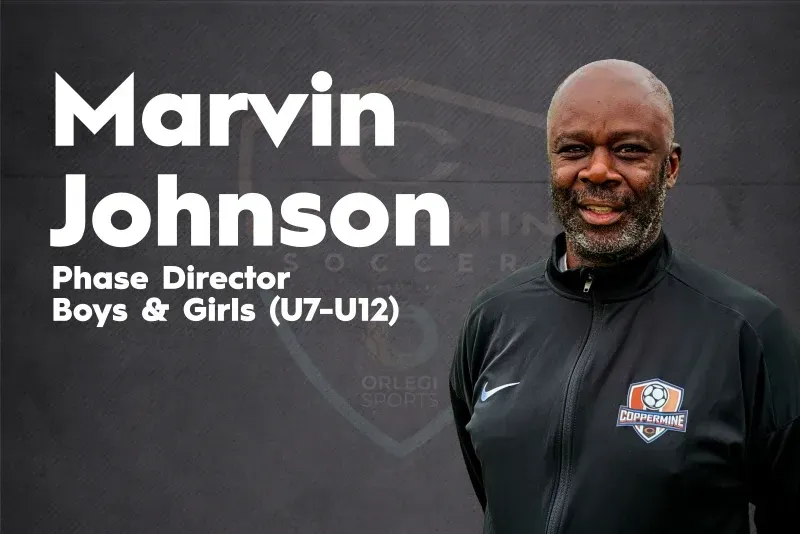 Marvin Johnson, Phase Director for Boys & Girls (U7-U12), beside text on a dark background