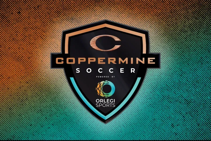 Coppermine Soccer shield logo on a textured orange and teal background, featuring the Orlegi Sports branding.
