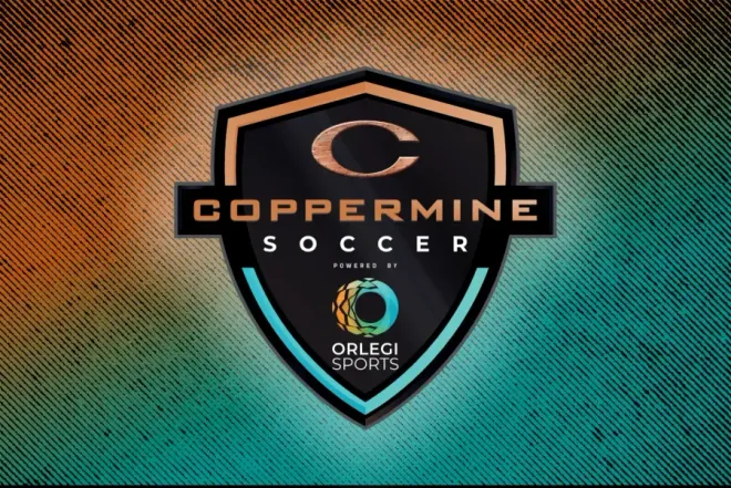 Coppermine Soccer shield logo on a textured orange and teal background, featuring the Orlegi Sports branding.