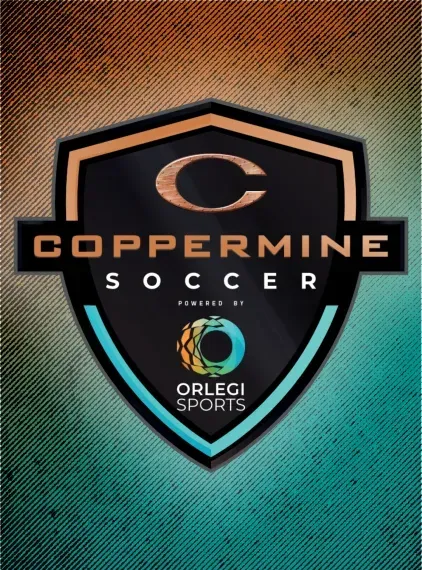 Logo for Coppermine Soccer powered by Orlegi Sports, featuring a black shield emblem on a textured teal background.