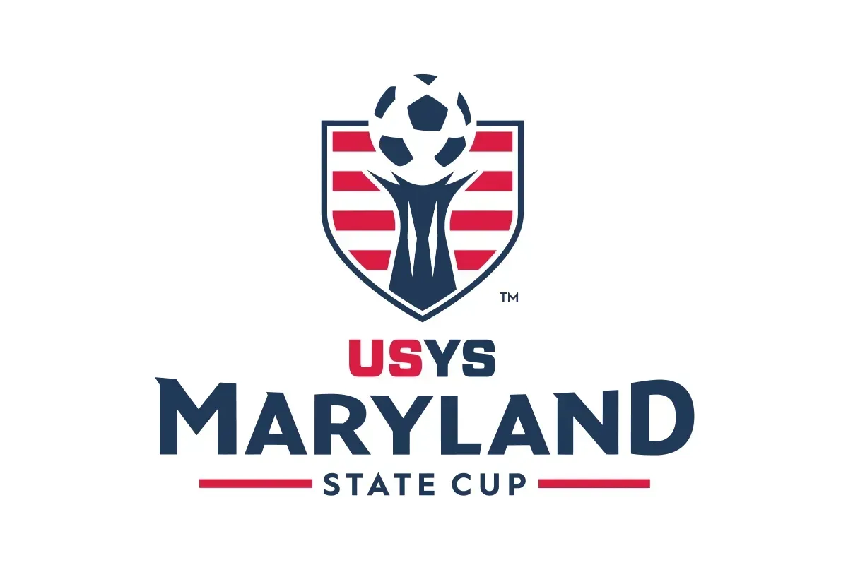 A logo for the maryland state cup with a soccer ball on a shield.