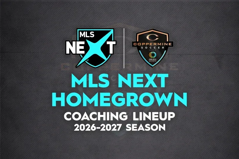 Logo graphic for MLS Next Coppermine Soccer 2026-2027 season homegrown coaching lineup announcement on a dark background.