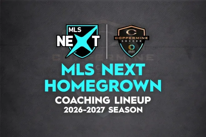 Logo graphic for MLS Next Coppermine Soccer 2026-2027 season homegrown coaching lineup announcement on a dark background.
