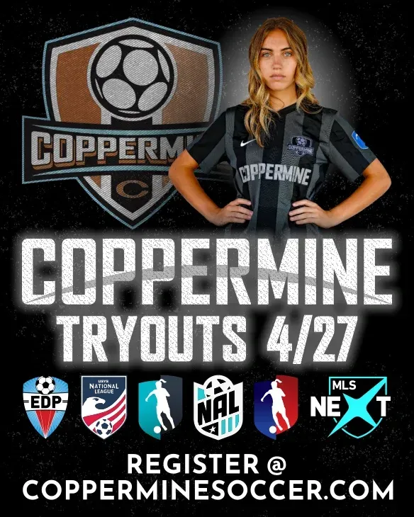 A promotional flyer for Coppermine Soccer tryouts on 4/27 featuring the club logo and league badges; register at link.