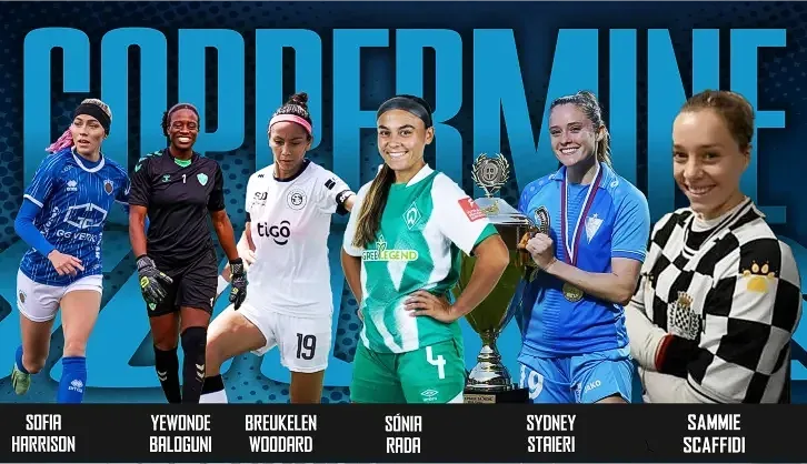 Coppermine United Professional Players a group of professional female soccer players are standing in front of a banner that says coppermine
