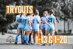 a group of Coppermine United Women's female soccer players are huddled together on a field .