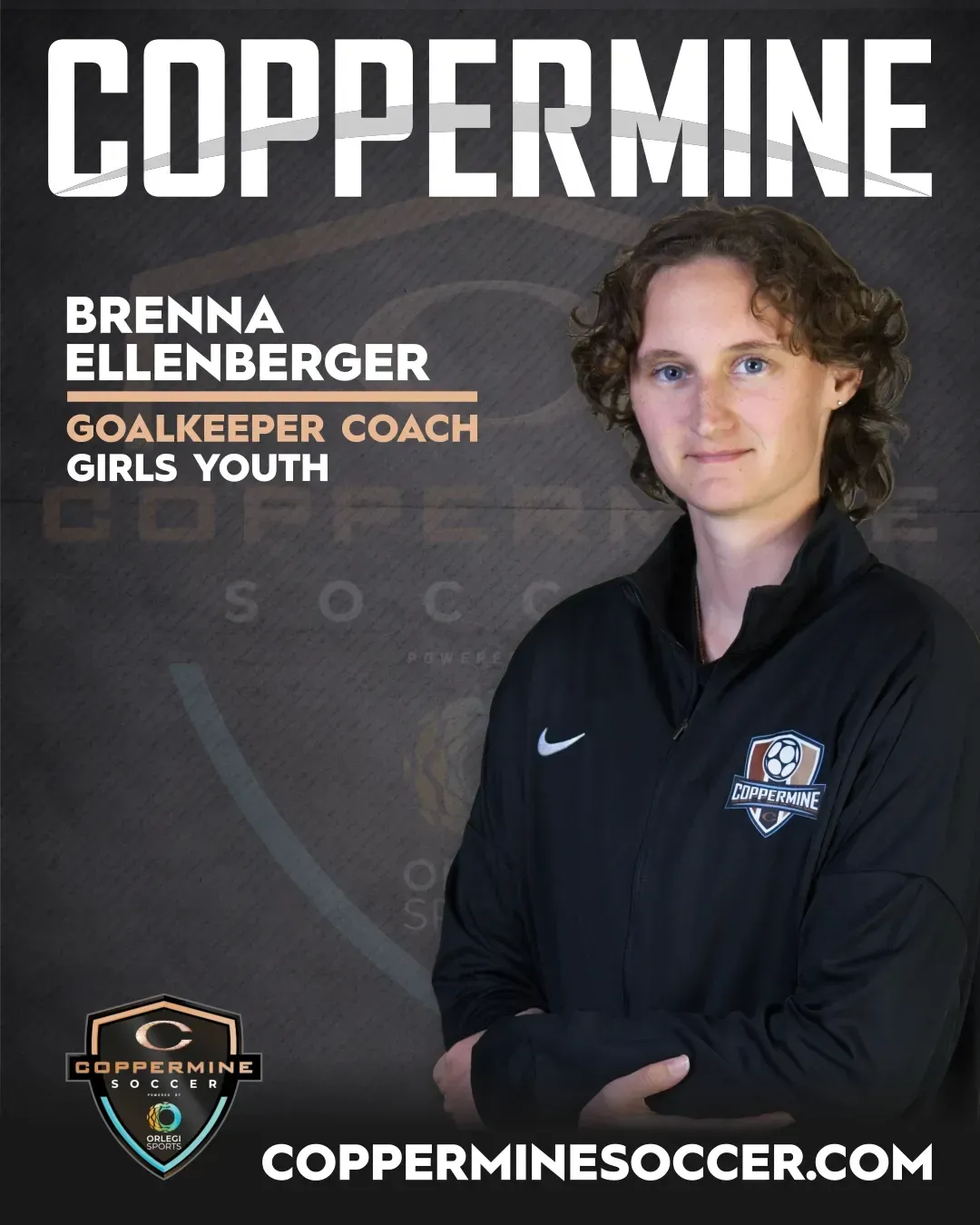 Coppermine Soccer coach Brenna Ellenberger in black jacket on dark promotional poster