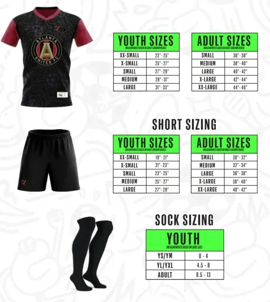 A poster showing youth sizes adult sizes short sizing and sock sizing for MLS Go Coppermine Recreation League.