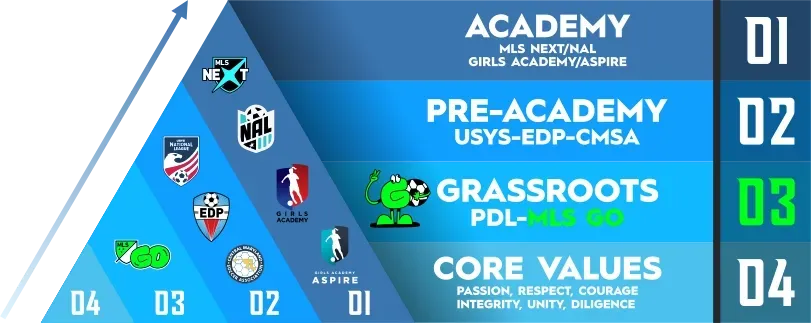 A blue pyramid with the words academy pre-academy grassroots core values