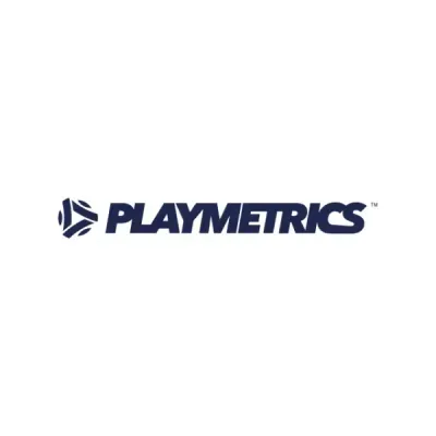 Logo for PlayMetrics, featuring a dark blue triangular design and text.