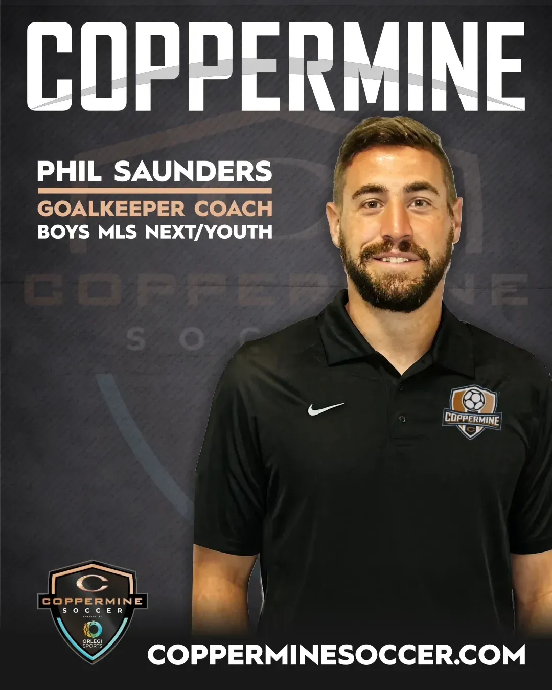 Coppermine Soccer coach Phil Saunders in black polo on dark background, with Coppermine logo and website.