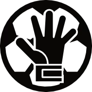 A black and white icon of a hand holding a soccer ball representing Coppermine Soccer Club's Strikers and Keepers Program