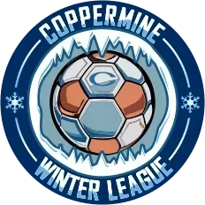 A coppermine winter league logo with a soccer ball in the middle.