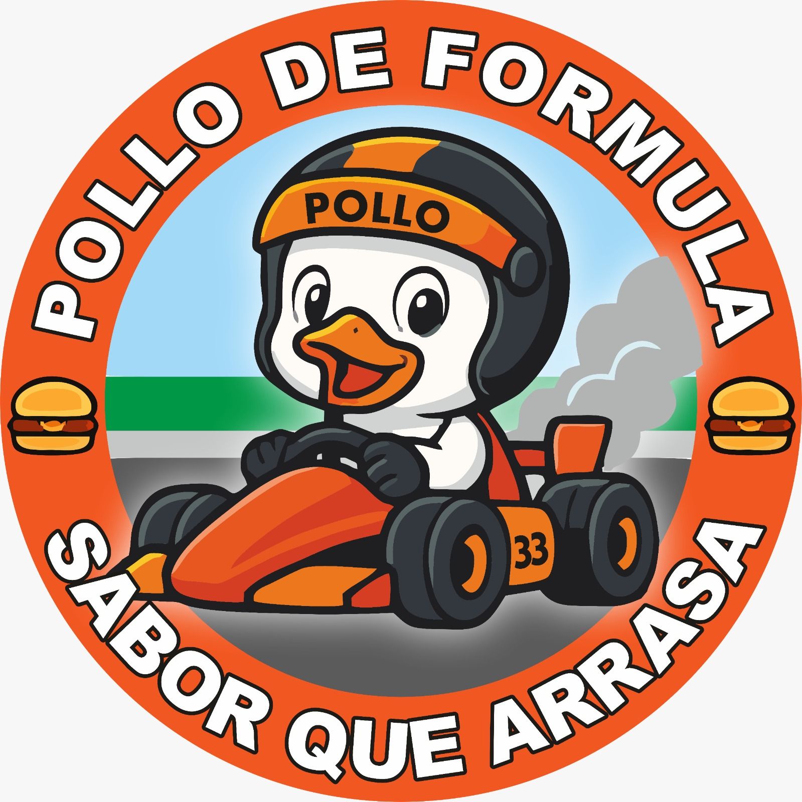 Pato de dibujos animados en auto de carreras naranja, con casco, logo