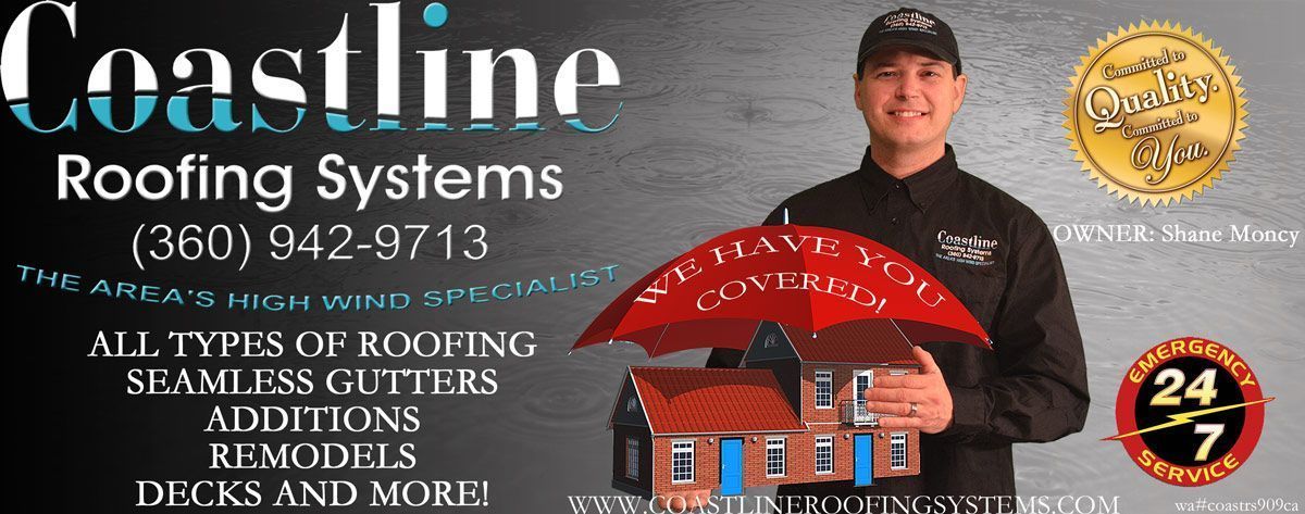 An ad for coastline roofing systems shows a man holding an umbrella